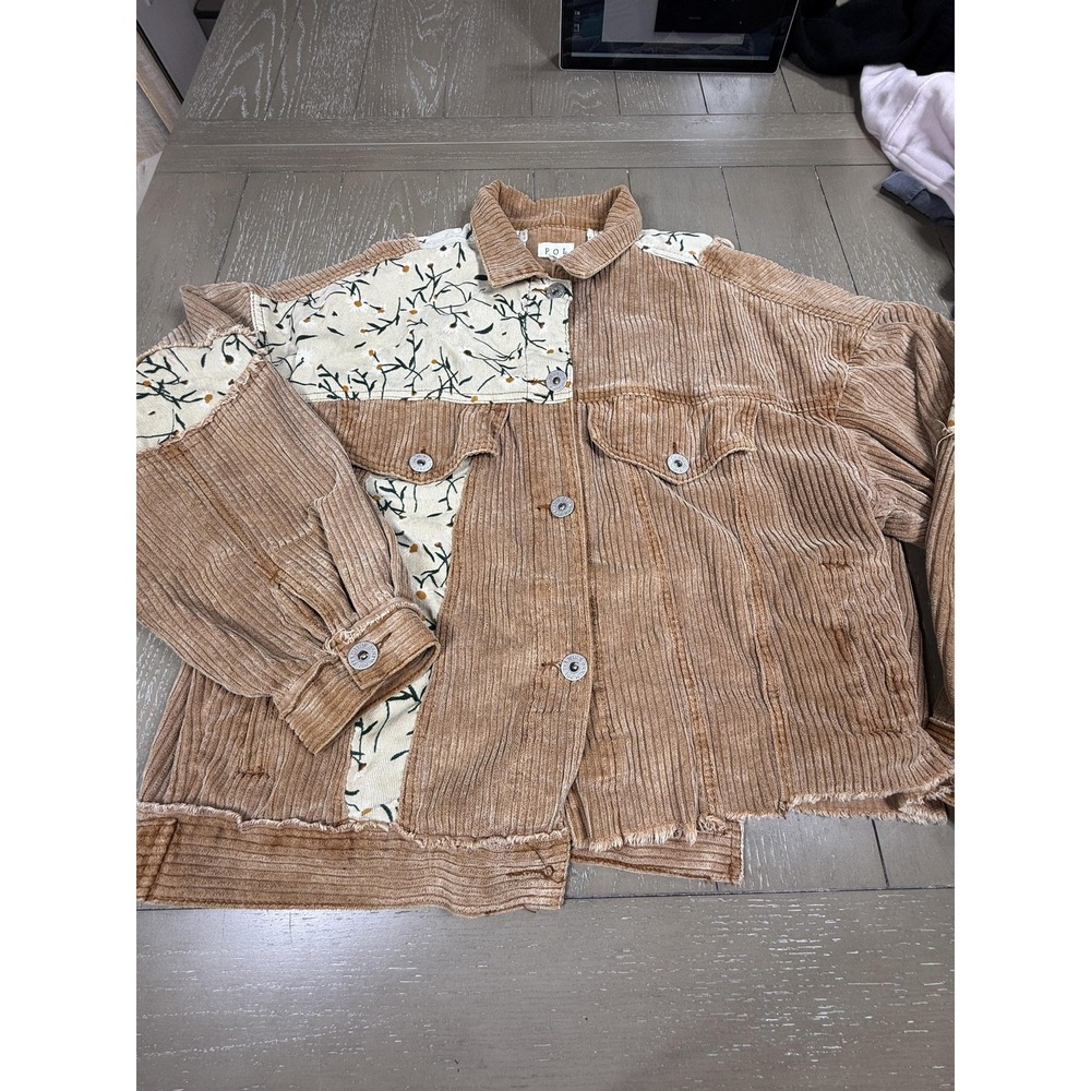 POL Jacket Womens Small Tan Corduroy Floral Patchwork Frayed Hem Oversized Boho - Picture 8 of 11